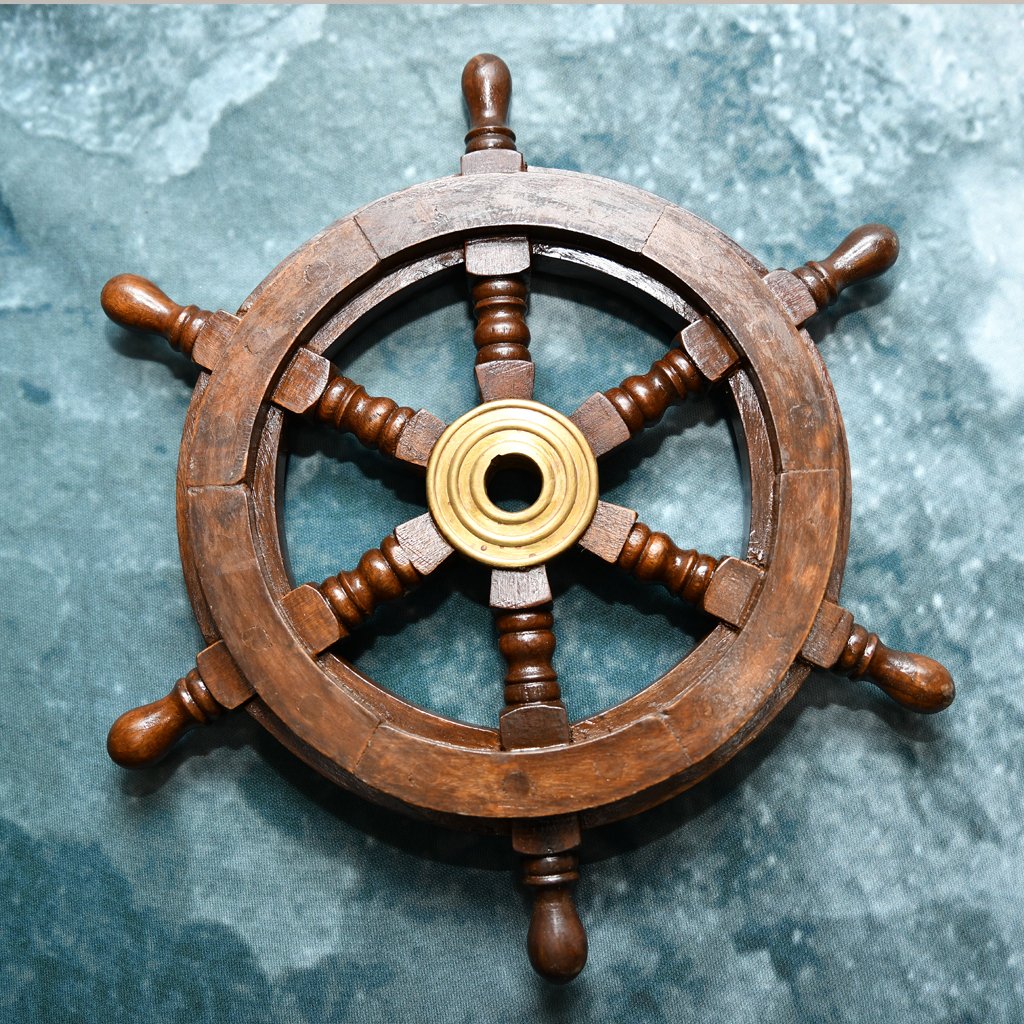 Nautical Deluxe Class Wood and Brass Decorative Ship Wheel 31" Image